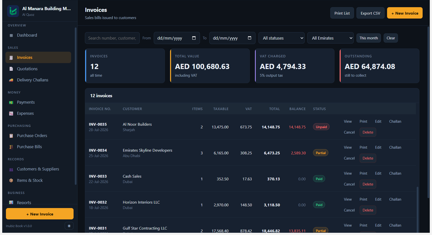 Inubiz Book Invoices screen